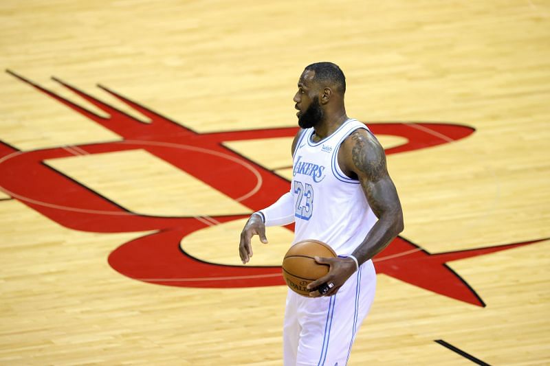 LeBron James of the Los Angeles Lakers in action against the Houston Rockets during a game at the Toyota Center.