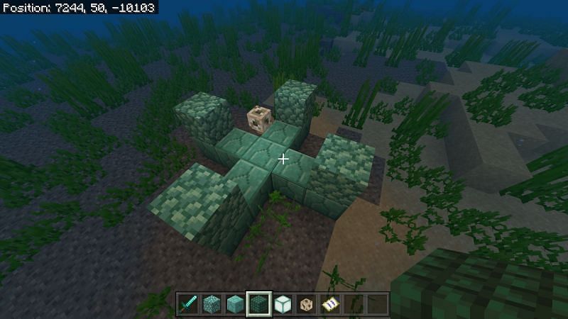 Plus sign build underwater in Minecraft