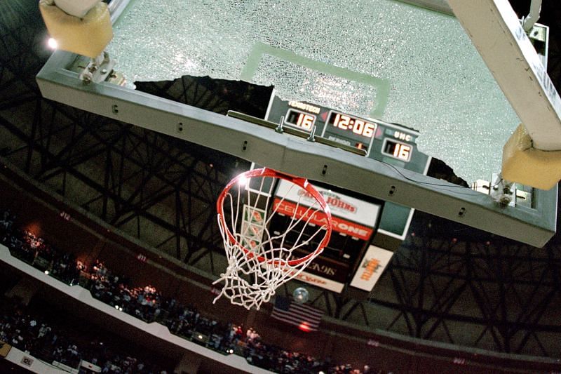 A view of a broken backboard taken during round two of the NCAA game between Texas Tech and UNC in Richmond, Virgina on March 17,1996. Texas Tech won 92-73. (Photo by Doug Pensinger/Getty Images)