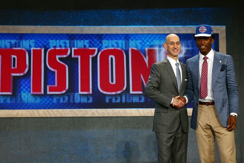 &nbsp;NBA Commissioner Adam Silver with the eighth overall pick by the Detroit Pistons&nbsp;