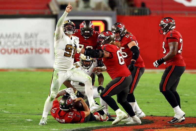 Trey Hendrickson sacks Tom Brady for the New Orleans Saints v Tampa Bay Buccaneers