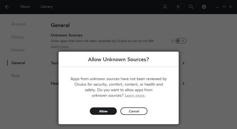 The prompt screen to allow unknown sources for Oculus Rift VR. (Image via&nbsp;en.help.roblox.com)