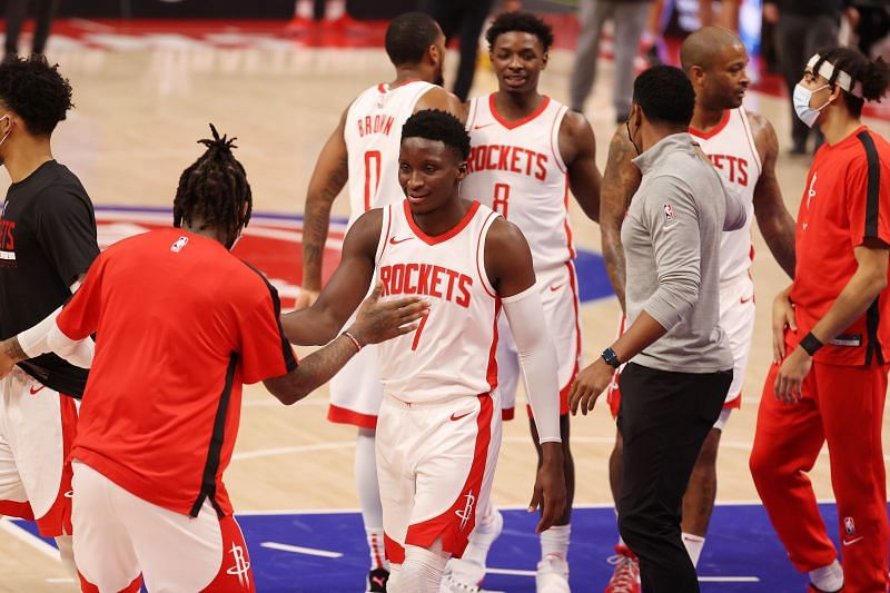 Victor Oladipo #7 of the Houston Rockets celebrates a 103-102 win over the Detroit Pistons at Little Caesars Arena on January 22, 2021 in Detroit, Michigan. (Photo by Gregory Shamus/Getty Images)