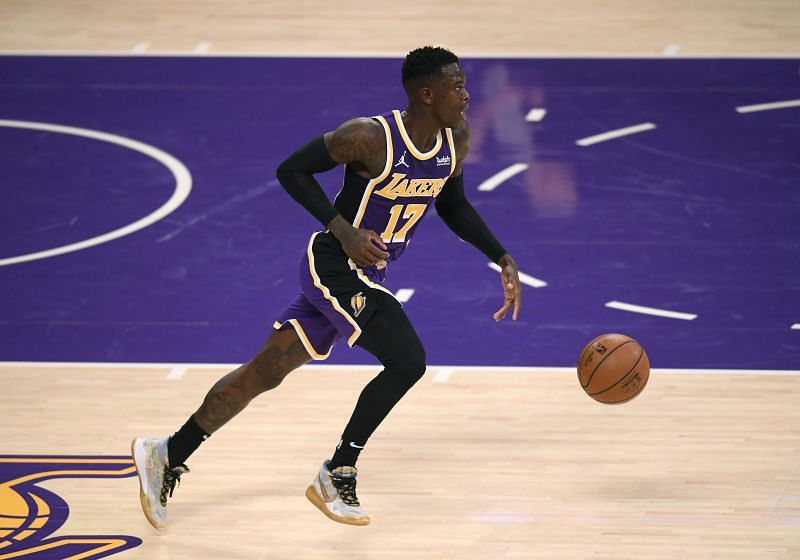 Dennis Schroder #17 of the Los Angeles Lakers dribbles against the New Orleans Pelicans during a 112-95 Lakers win at Staples Center on January 15, 2021 (Photo by Harry How/Getty Images)