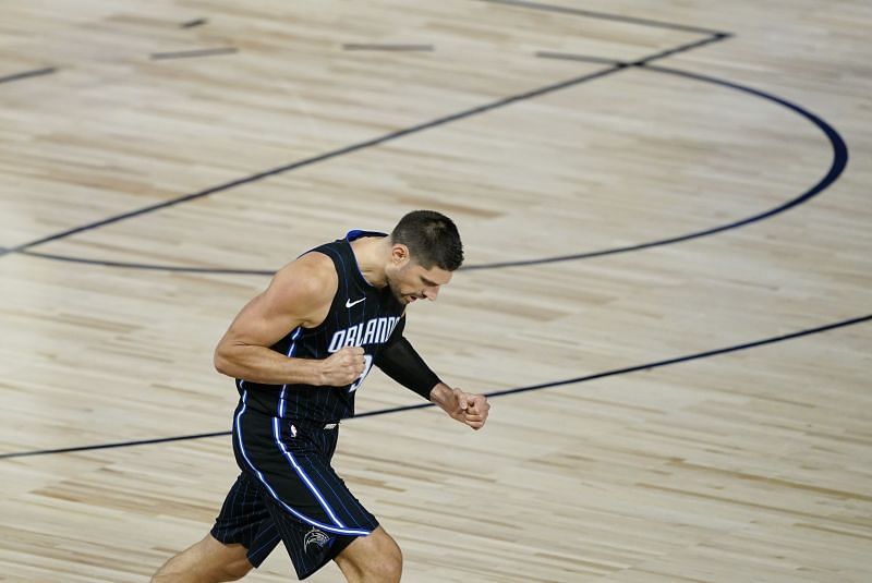 Nikola Vucevic is pumped in a game against Milwaukee Bucks.