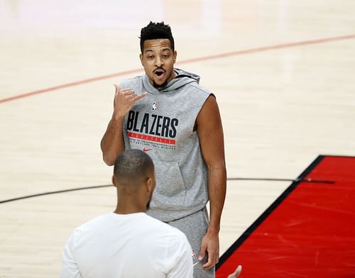 CJ McCollum with Damian Lillard before the game