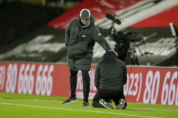 Liverpool boss Jurgen Klopp with an emotional Ralph Hasenhuttl after the game.
