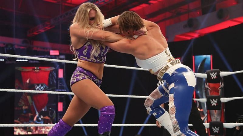 Charlotte Flair and Rhea Ripley at WrestleMania 36