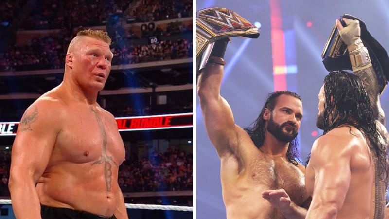 Brock Lesnar (left); Drew McIntyre and Roman Reigns (right)