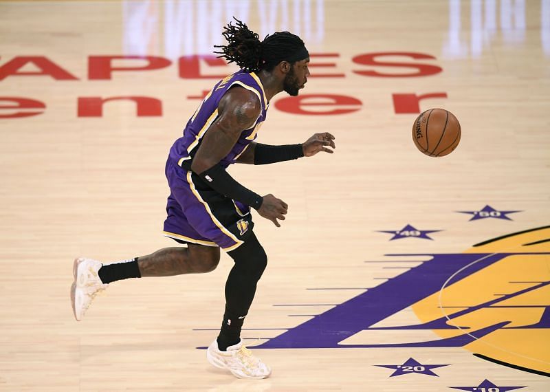 Montrezl Harrell #15 of the Los Angeles Lakers steals a pass at center court during a 112-95 Los Angeles Lakers win over the New Orleans Pelicans (Photo by Harry How/Getty Images)