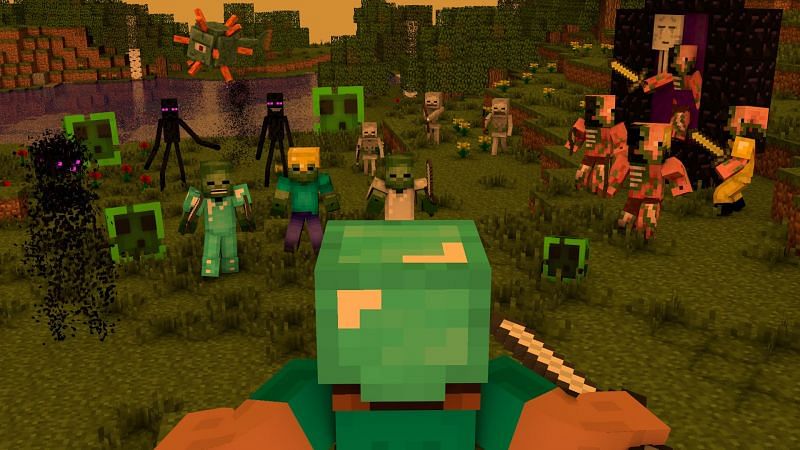 Steve surrounded by an assortment of hostile mobs that can found in Minecraft (Image via wall.alphacoders.com)