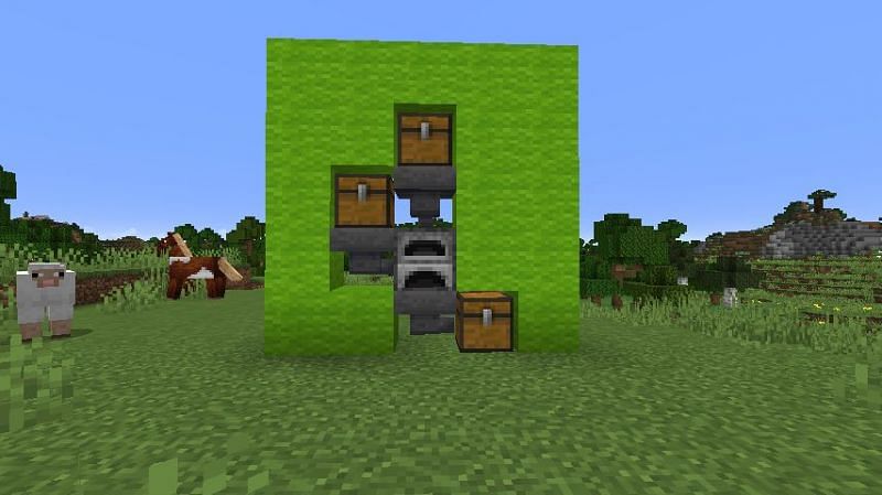 The contraption required for the &quot;Smelt Everything!&quot; Minecraft Bedrock achievement, outline in lime wool. (Image via Minecraft)