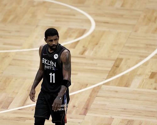 Kyrie Irving of the Brooklyn Nets looks on during the third quarter of the NBA game against the Boston Celtics. 