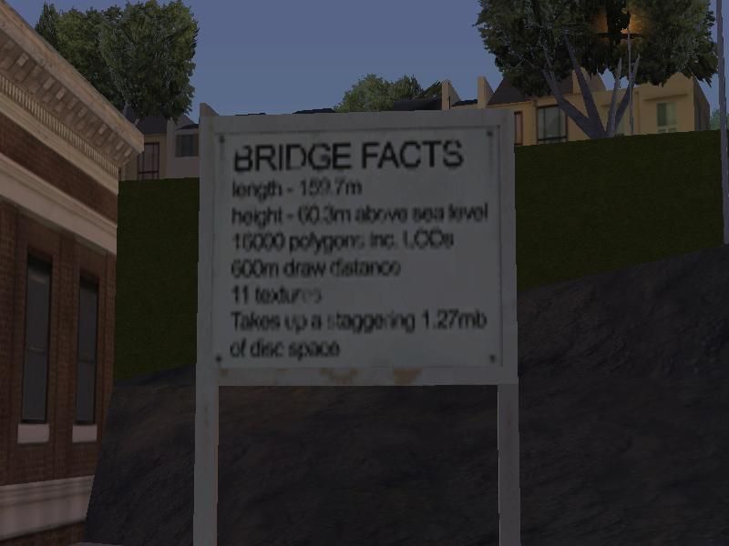 The sign with various Gant Bridge facts (Image via Grand Theft Wiki)