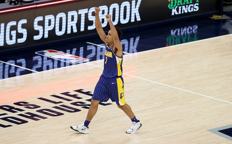 Malcolm Brogdon #7 of the Indiana Pacers celebrates after the 108-107 win over the Boston Celtics.