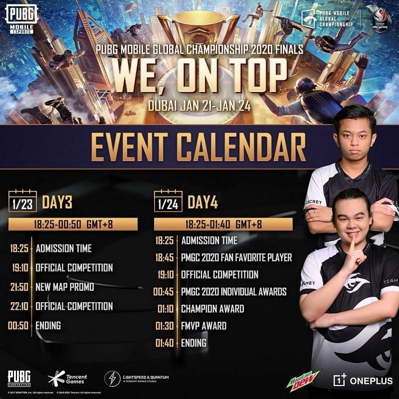 PMGC Finals event calendar (day 3 and day 4)