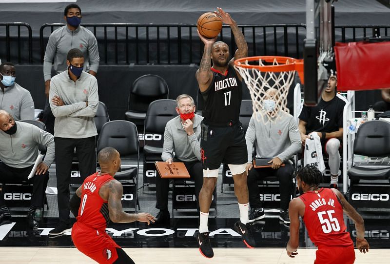 P.J. Tucker #17 of the Houston Rockets shoots against the Portland Trail Blazers during the second quarter at Moda Center on December 26, 2020 in Portland, Oregon. (Photo by Steph Chambers/Getty Images)