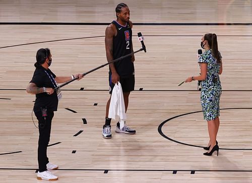 Kawhi Leonard of the LA Clippers talks during a television interview after the Clippers beat the Dallas Mavericks (Photo by Kevin C. Cox/Getty Images)