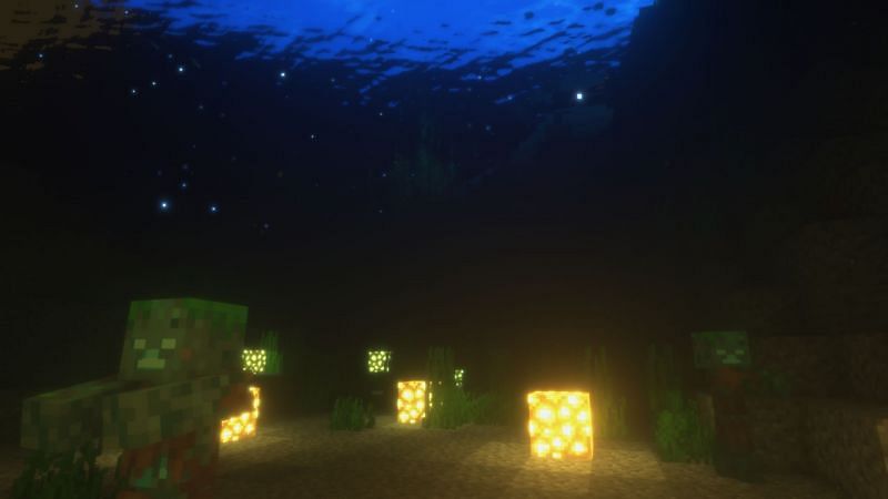 Two damp Drowneds dozing off under the deep dark sea. (Image via Minecraft)