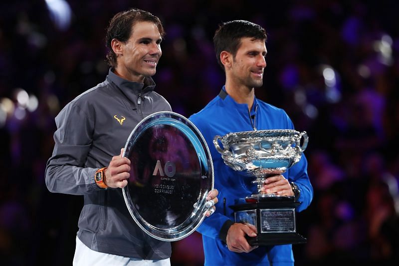 Rafael Nadal (L) and Novak Djokovic at Australian Open 2019