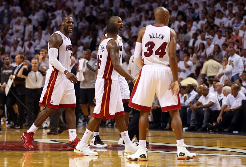 LeBron James #6, Mario Chalmers #15, Chris Bosh #1, and Ray Allen #34 of the Miami Heat.