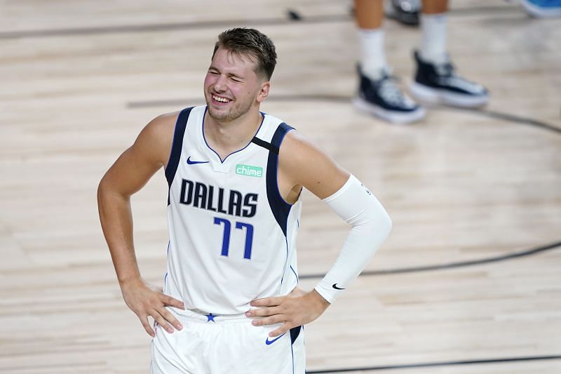  Luka Doncic #77 of the Dallas Mavericks reacts