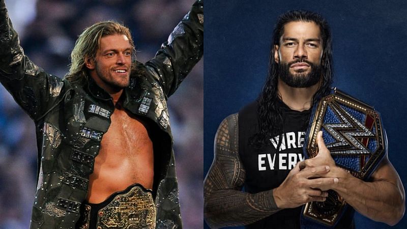 Edge (left); Roman Reigns (right)