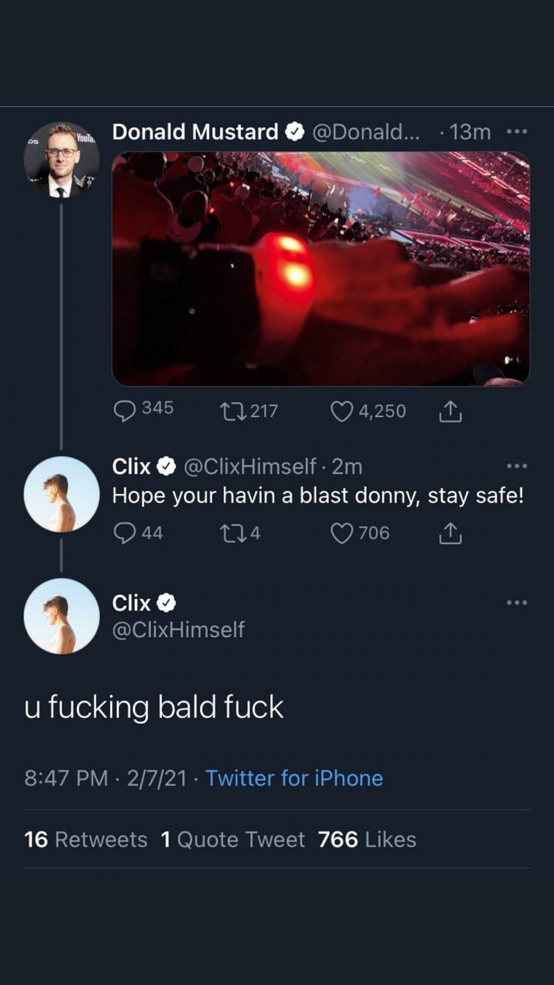 Clix&#039;s deleted reply to Donald Mustard&#039;s post on Twitter