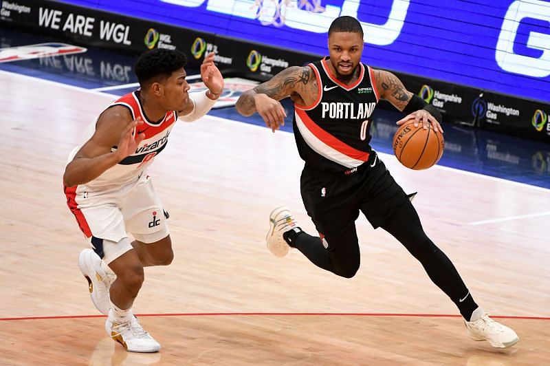 NBA DFS option Damian Lillard #0 of the Portland Trail Blazers