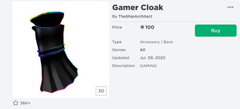 The Gamer Cloak back accessory from the Roblox Avatar Shop (Image via Roblox.com)