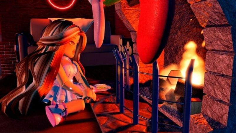 A female Avatar resting by a fire in the Royale High game on Roblox. (Image via Roblox.com)