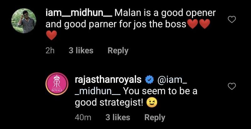 Rajasthan Royals&#039; reply to the fan on Instagram