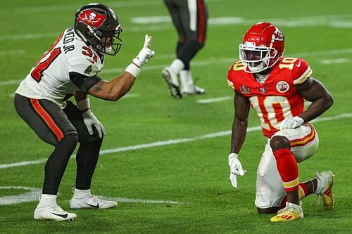 Tampa Bay Buccaneers Antoine Winfield Jr. mocks Kansas City Chiefs' Tyreek Hill during Super Bowl LV