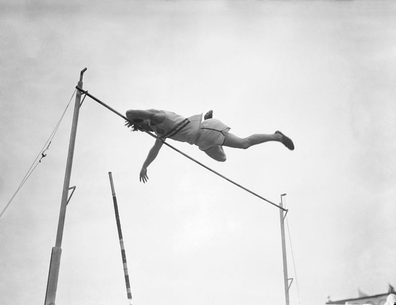 American pole vaulter Bob Richards in action at the London Olympics 1948.