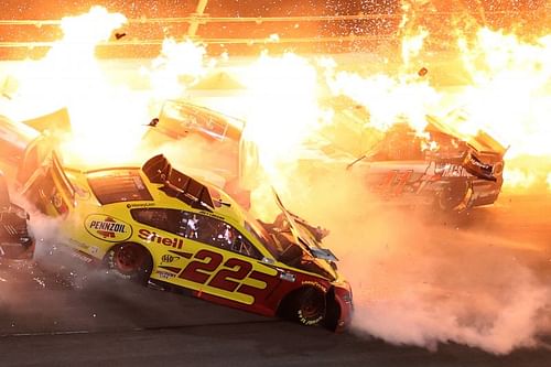 Joey Logano and others are involved in a fiery crash on the last lap of the Daytona 500. Photo/Getty Images