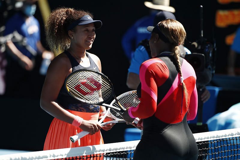 Naomi Osaka is congratulated by Serena Williams at the 2021 Australian Open