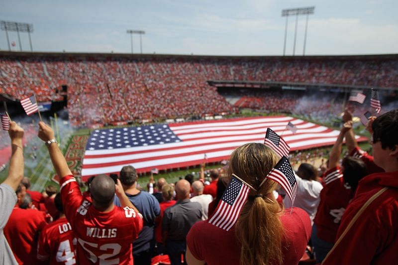 When did the NFL start playing the national anthem at football games?