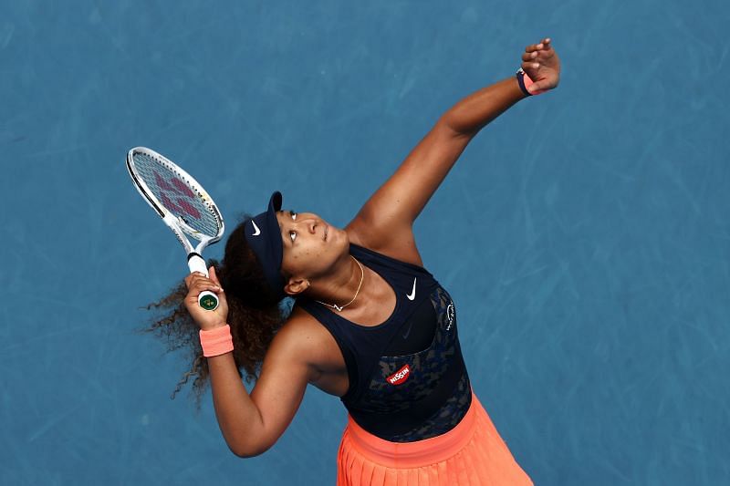 Naomi Osaka serves at the 2021 Australian Open