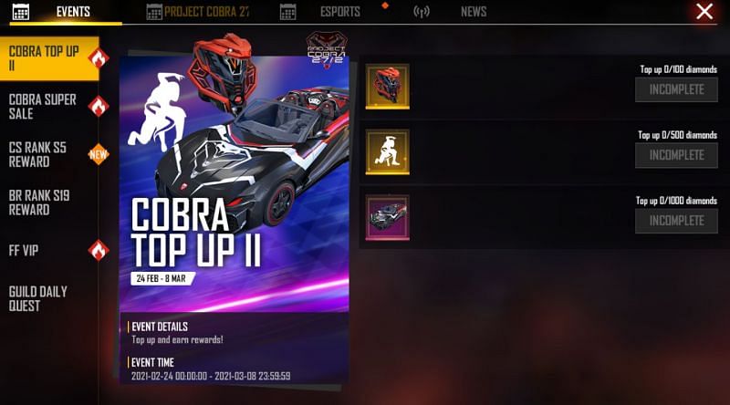 Cobra Top Up II event in Free Fire