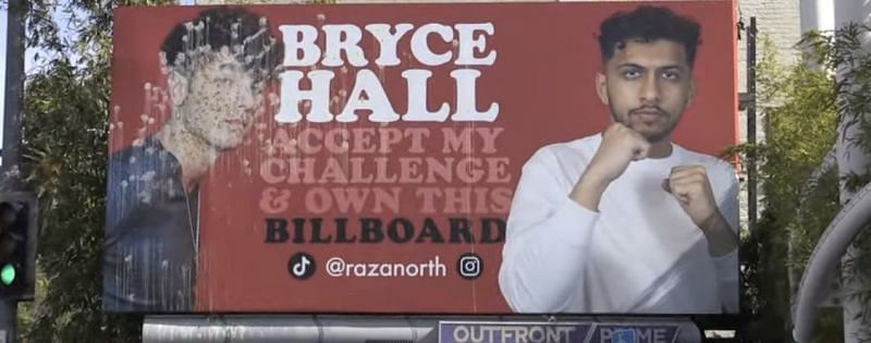 Bryce Hall&#039;s image on Raza North&#039;s challenge billboard was defaced by vandals (Image via Bryce Hall, Twitter)