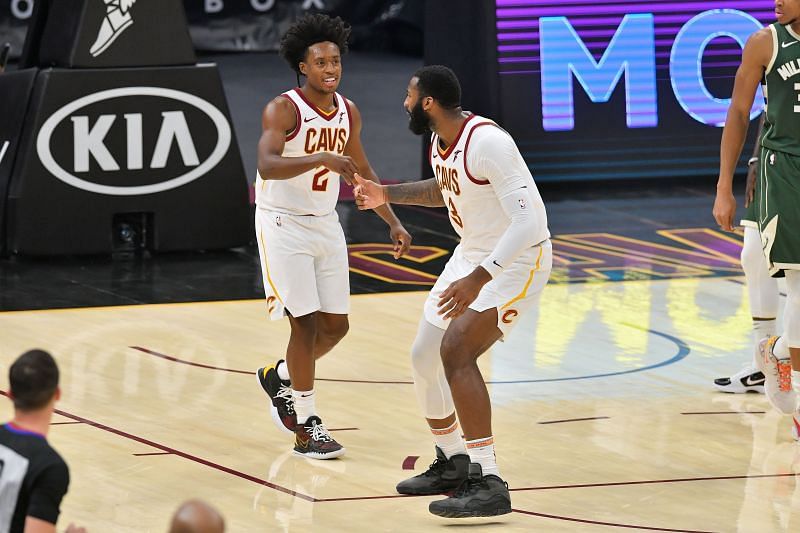 Collin Sexton #2 jokes with Andre Drummond #3 of the Cleveland Cavaliers during the first half against the Milwaukee Bucks at Rocket Mortgage Fieldhouse on February 06, 2021 (Photo by Jason Miller/Getty Images)
