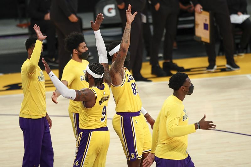 LA Lakers teammates celebrate against OKC