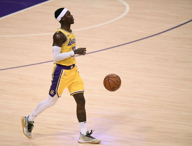 Dennis Schroder #17 of the Los Angeles Lakers dribbles during a 115-107 Portland Trail Blazers win at Staples Center on December 28, 2020 in Los Angeles, California. (Photo by Harry How/Getty Images)