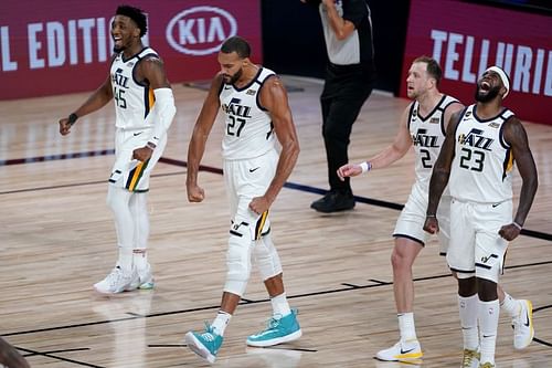 Rudy Gobert of the Utah Jazz celebrates a defensive stop with teammates during a game against the Denver Nuggets 