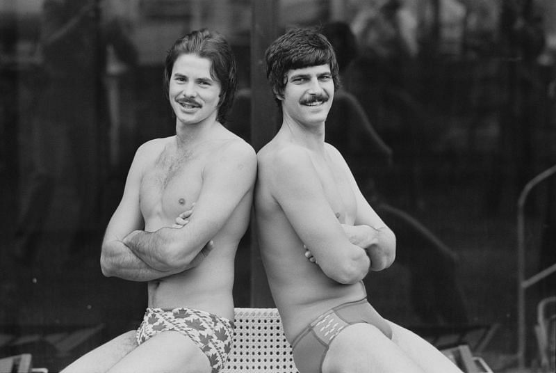 Scottish swimmer David Wilkie and American swimmer Mark Spitz in April 1978.