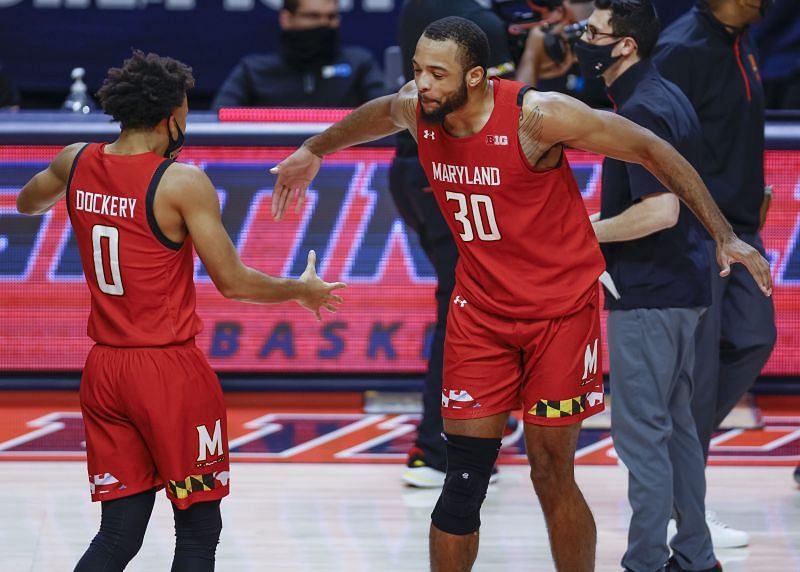 Maryland's Marcus Dockery #0 and Galin Smith #30 of the Maryland Terrapins celebrate the win