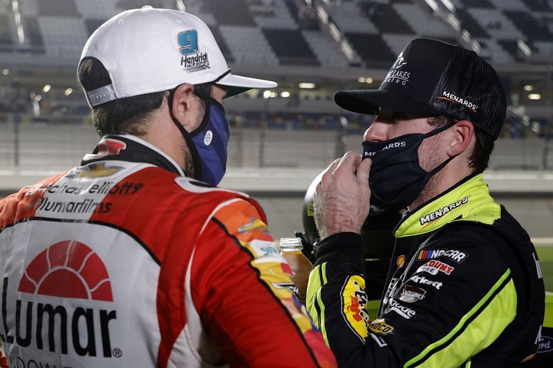 Chase Elliott and Ryan Blaney talk after the Busch Clash at Daytona. Photo/Getty Images