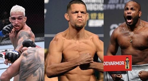 Charles Oliveira (left); Nate Diaz (center); Daniel Cormier (right)