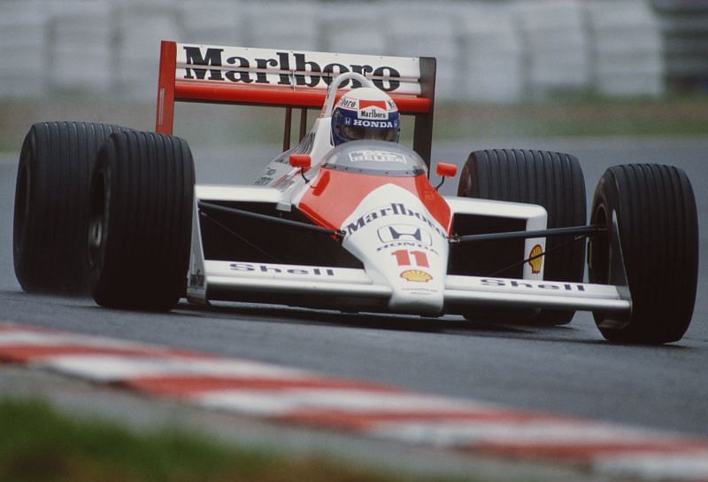 Alain Prost drives the McLaren MP4/4 Honda V6 during practice for the Belgian Grand Prix,1988. Photo: Getty Images