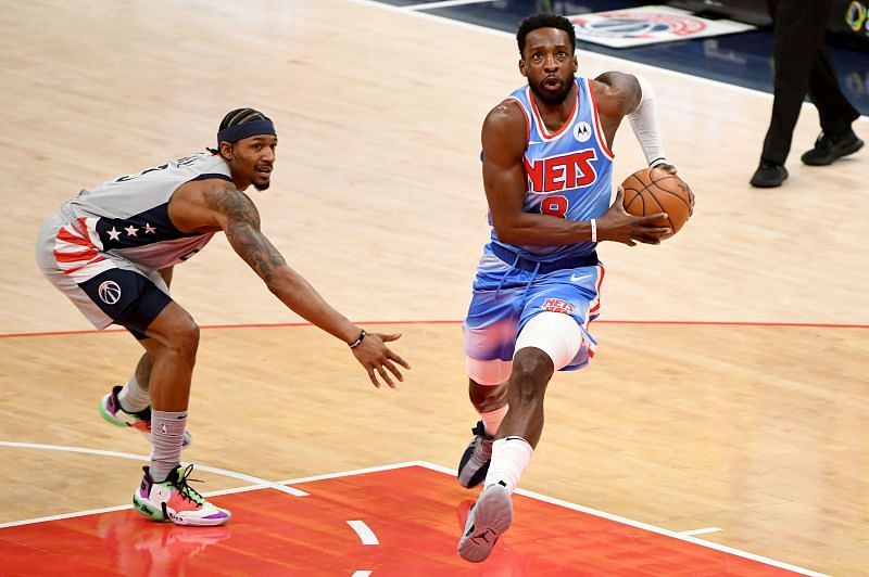 Jeff Green #8 of the Brooklyn Nets drives to the basket against Bradley Beal #3 of the Washington Wizards